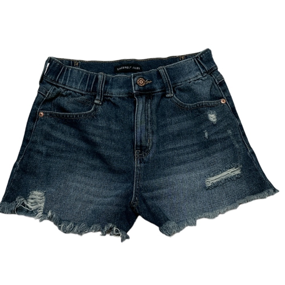 Sincerely‎ Jules’s Distressed Denim Shorts Raw Hem Partial Elastic Waistband